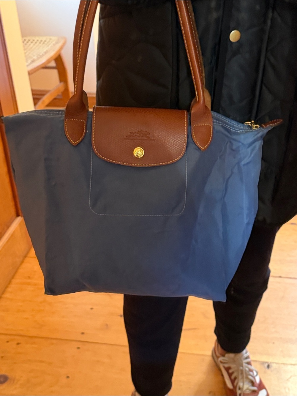 Longchamp Le Pliage Small Nylon Tote in Blue with Tan Leather 14x10